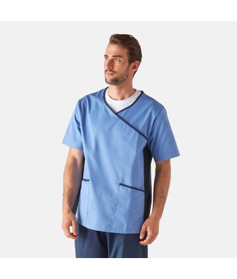 man wearing medical stretch scrub top blue